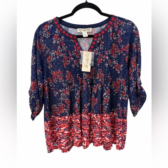 Vintage America Jolita Top V Neck 3/4 Roll Tab Sleeves Navy Print Size M - Picture 2 of 14